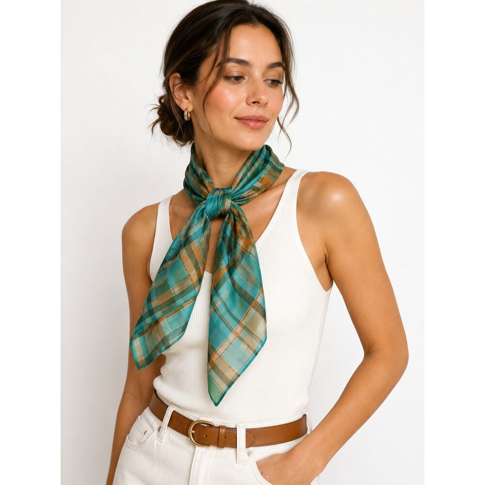 Vintage Vera Plaid Sheer Scarf Aqua Teal Tan Chiffon Neck Scarf Retro Preppy